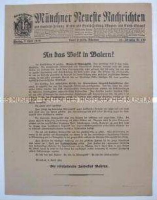 Tageszeitung "Münchner Neueste Nachrichten" mit dem Aufruf des revolutionären Zentralrates an das bayrische Volk zur Schaffung der Räterepublik