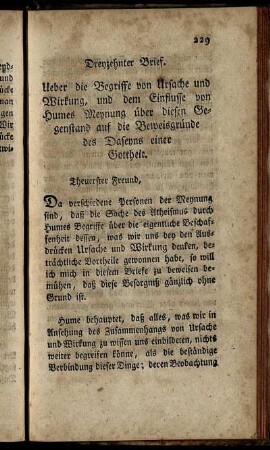 Dreyzehnter Brief. Ueber die Begriffe von Ursache und Wirkung, und dem Einflusse von Humes Meynung über diesen Gegenstand auf die Beweisgründe des Daseyns einer Gottheit.