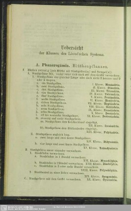 Uebersicht der Klassen des Linné'schen Systems