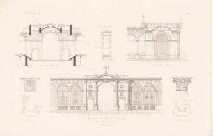 Neuer Friedhof, Karlsruhe: Ansicht Portal mit Grufthallen, Schnitte durch das Portal, Details (aus: Atlas zur Zeitschrift für Bauwesen, hrsg. v. G. Erbkam, Jg. 30, 1880)