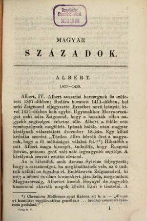 Magyar századok : Toldy Ferencz altal, 5