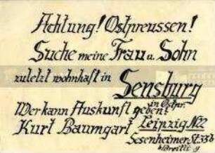 Handgeschriebene Suchanzeige einer Familie aus Ostpreußen