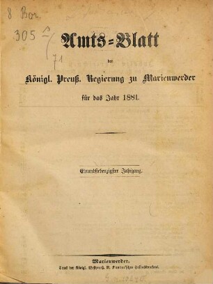 Amtsblatt für den Regierungsbezirk Marienwerder. 71. 1881