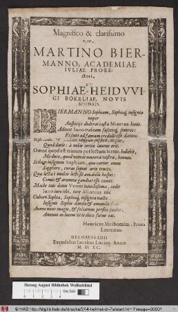 Magnifico & clarissimo viro, Martino Biermanno, Academiae Ivliae Prorectori, Et Sophiae-Heidvvigi Bokeliae, Novis Sponsis ...