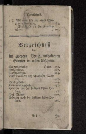 Verzeichniß der im zweyten Theile enthaltenen Gebether im ersten Abschnitte.