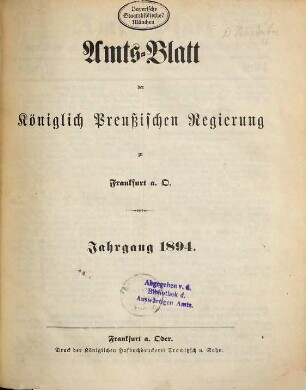 Amtsblatt der Regierung zu Frankfurt a.d. Oder. 1894