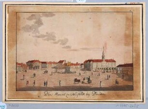 Dresden, Neustädter Markt nach Westen mit dem Reiterstandbild August des Starken (Goldener Reiter) in der Mitte, der Neustädter Wache (Blockhaus) links und rechts das Rathaus