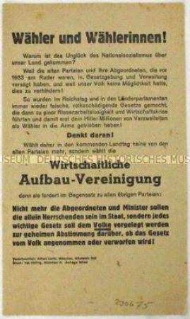 Aufruf der Wirtschaftlichen Aufbau-Vereinigung zur bayerischen Landtagswahl 1946