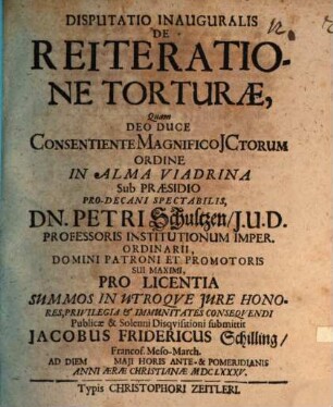 Disputatio Inauguralis De Reiteratione Torturæ