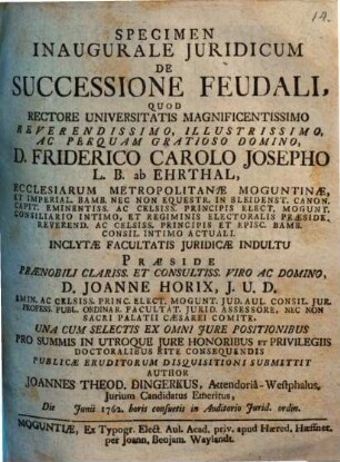 Specimen Inaugurale Juridicum De Successione Feudali