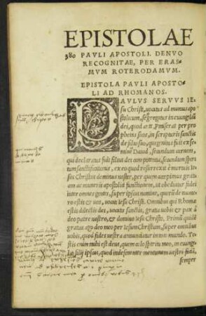 Epistolae Pauli Apostoli. Denuo Recognitae, Per Erasmum Roterodamum.