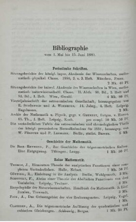 Bibliographie vom 1. Mai bis 15. Juni 1880.
