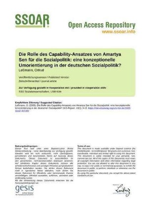 Die Rolle des Capability-Ansatzes von Amartya Sen für die Sozialpolitik: eine konzeptionelle Umorientierung in der deutschen Sozialpolitik?