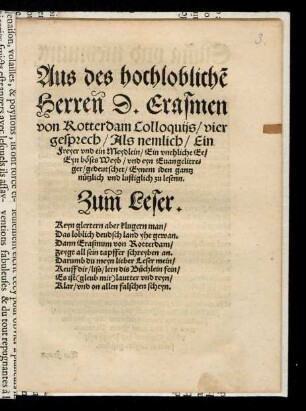 Aus des hochloblich~e || Herren D. Erasmen || von Rotterdam Colloquijs/ vier || gesprech