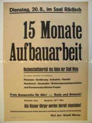 Maueranschlag mit Ankündigung eines Rechenschaftsberichts des Rates der Stadt Riesa