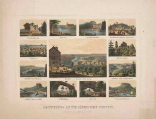 Bilderbogen der Sächsischen Schweiz mit einem großen Mittelbild (Gasthof und Ausblick vom Großen Winterberg) und 12 kleinen Ansichten
