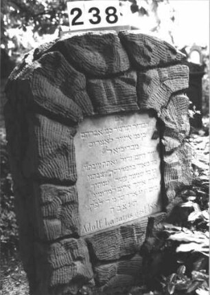 Grabstein 238 (Index: 100082193) Material: Kalkstein, weiße Marmorplatte Zustand: gut Maße HxBxT: 180x58x37 cm Beschreibung: Stele, rustica, Segmentbogenabschluß, Schriftplatte: Grabstein 238