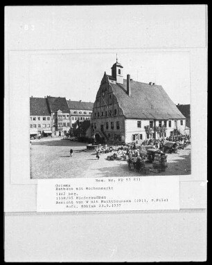 Grimma. Rathaus (1442 begonnen). Südwestansicht mit Marktbrunnen und Markttreiben