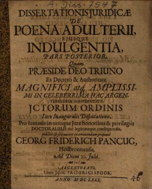 Dissertatio iuridcae De poena adulterii eiusque indulgentia, pars posterior