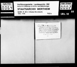 Fr. Bernhard (Bernardus) Gerlein, Laie zu Bronnbach, verspricht Satzungen und Regeln des hl. Benediktus Treue und Gehorsam.