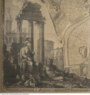 La nuova topografia di RomaTafel 10 (Südwest) - Alla Santità Di Nostro Signore Papa Benedetto XIV La Nuova Topografia Di Roma Ossequiosamente Offerisce e Dedica l'Umilissimo Servo Giambattista Nolli Comasco / Nuova pianta di Roma. Data in luce da Giambattista Nolli. (Pianta grande in 12 Blättern) / Topografia di RomaTestaccio, Illustration zur Widmung: Dea Roma, kapitolinische Wölfin,Flussgott Tiber vor Ruinen (Sarkophag Clemens XII., Trajanssäule, Castortempel, Kolosseum, Konstantinsbogen, Forum Romanum)