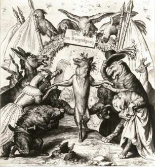 Kaulbach, Wilhelm von. Illustration zu Reineke Fuchs von Johann Wolfgang v. Goethe. Reineke wird als Sieger über den Wolf gefeiert
