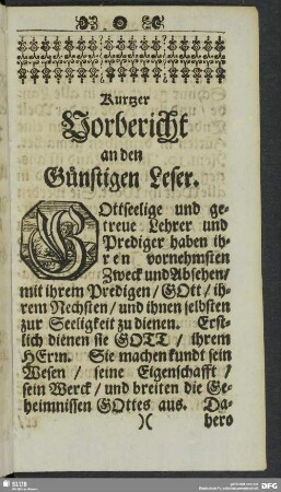 Kurtzer Vorbericht an den Güntgen Leser