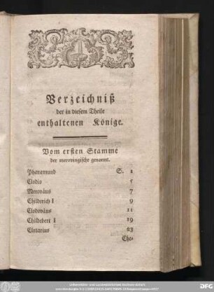 Verzeichniß der in diesem Theile enthaltenen Könige.