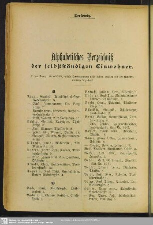 Einwohnerverzeichnis : Alphabetisches Verzeichniß der selbstständigen Einwohner
