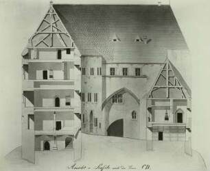 Rochlitz, Schloß, Ostteil: Schnitt durch Nordflügel (Fürstenhaus) und Südflügel mit Blick nach Osten