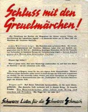 Abwurf-Flugblatt der Alliierten mit Aussagen von Politikern zur Zukunft Deutschlands nach dem Sturz Hitlers