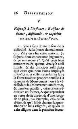 V. Réponse à l'instance; Raisons de douter, difficultés, & expériences contre les Forces Vives.
