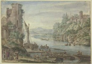 Flußgegend, alter Turm, Schiffe werden entgeladen