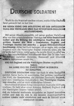 Sowjetisches Abwurf-Flugblatt mit dem Abdruck der Reden von Eden und Molotow anlässlich der Unterzeichnung des sowjetisch-britischen Vertrages 1942