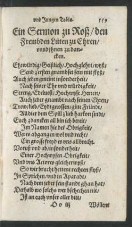 Ein Sermon zu Roß/ den Frembden Lüten zu Ehren/ unnd ihnen zu dancken.