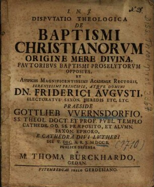 Dispvtatio Theologica De Baptismi Christianorvm Origine Mere Divina, Favtoribvs Baptismi Proselytorvm Opposita