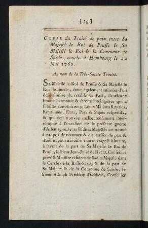 24-43, Copie du Traité de paix entre Sa Majesté ... - Traité de Paix entre Sa Majesté l'Impératrice ...