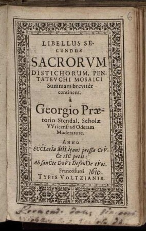 Libellus Secundus Sacrorum Distichorum, Pentateuchi Mosaici Summam breviter continens