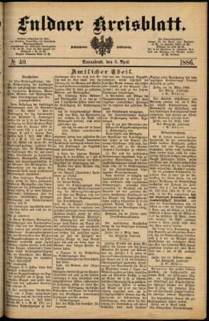 Erste Ausgabe vom Samstag, den 03. April 1886.