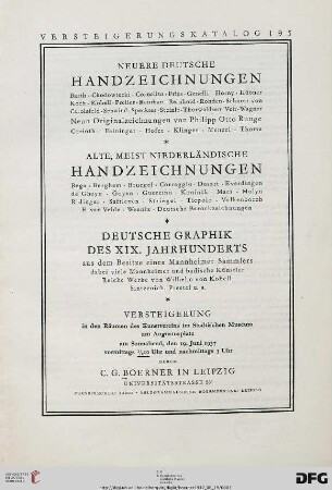 Neuere deutsche Handzeichnungen, alte, meist niederländische Handzeichnungen, deutsche Graphik des 19. Jahrhunderts : Versteigerung 19. Juni 1937 (Katalog Nr. 195)