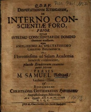 Disputationvm Ethicarum, De Interno Conscientiae Foro, Prior
