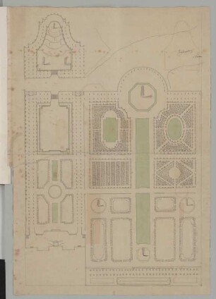 Potsdam, Stadtschloss, Garten, Entwurf, Grundriss : Potsdam, Stadtschloss, Garten, Entwurf, Grundriss, unbekannter Zeichner, um 1700. Feder, Pinsel in grün/Papier. 73,5 x 50,2 cm. Bez.: Oben rechts, jüngerer Vemerk (Tinte): "Großsedlitz Steche".