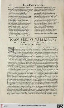 Ioan. Pierivs Valerianvs Hieronymo donato, viro praestantissimo, S.