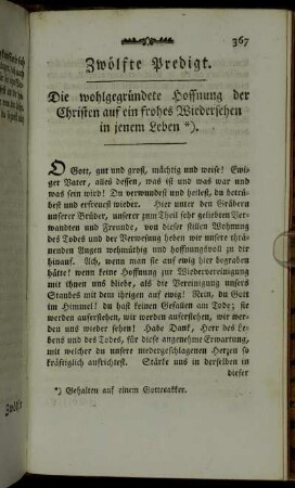 Zwölfte Predigt. Die wohlgegründete Hoffnung der Christen auf ein frohes Wiedersehen in jenem Leben.