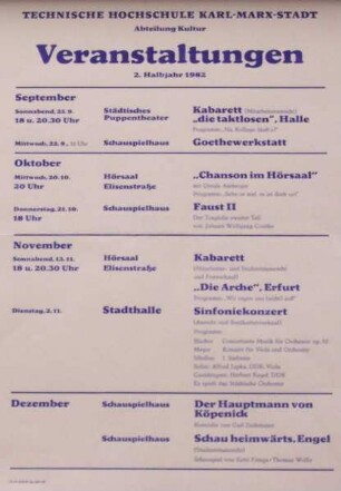 "Veranstaltung der Abteilung Kultur der TH Karl-Marx-Stadt, 2. Halbjahr 1982", vom 25.09.-02.11.1982