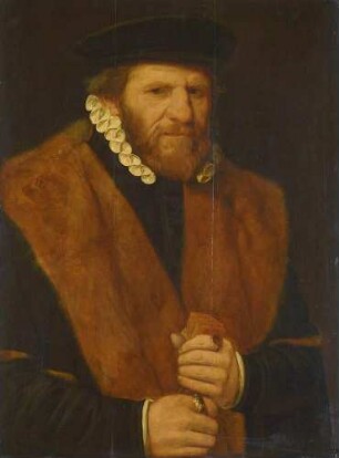 Bildnis eines bärtigen Mannes in Pelzrock und schwarzer Kappe