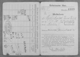 Meldekarte des Arbeitsamtes Aue (sogennante Stempelkarte) des erwerbslosen Tischlers Erich Meinhold aus Markersbach 1930/31