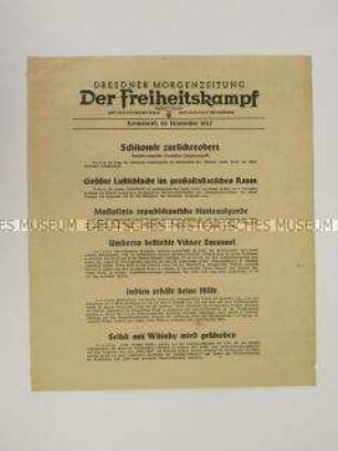 Nachrichtenblatt der sächsischen NSDAP-Zeitung "Der Freiheitskampf" mit Kurzmeldungen von verschiedenen Kriegsschauplätzen u.a. über den japanischen Luftangriff in Papua-Neuguinea