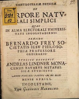 Controversiae phys. de corpore naturali simplici