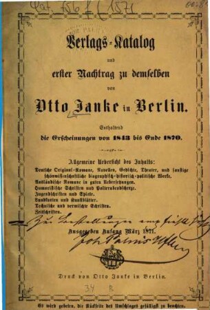 Verlags-Katalog ... von Otto Janke in Berlin. 1843/70 (1871)